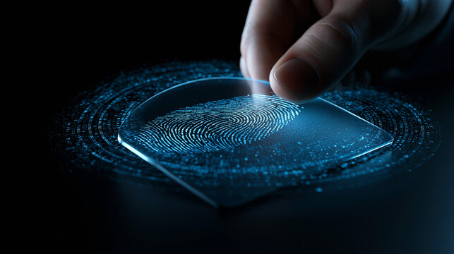 Biometric fingerprint identification scan on futuristic digital glowing blue sensor