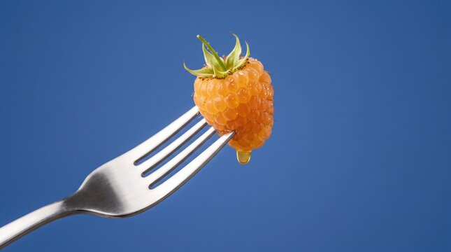 Fresh golden raspberry on a fork against blue background