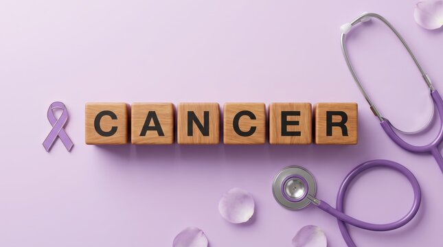 Cancer awareness concept with purple ribbon and stethoscope