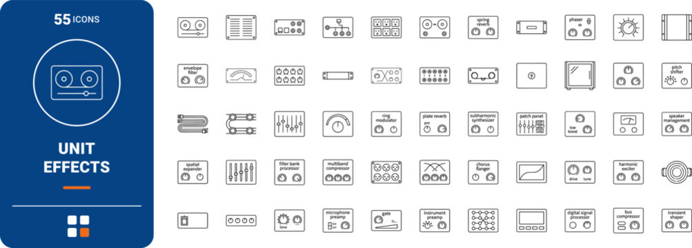 Rack Unit Effects line icon set. Vector pictograms of outboard, signal, sound, and studio elements, thin linear illustration.