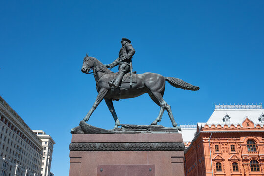 Moscow, Russia - July 17, 2026: Monument to Marshal Zhukov, sculptural monument to the Soviet commander George Zhukov at Manezhnaya Square