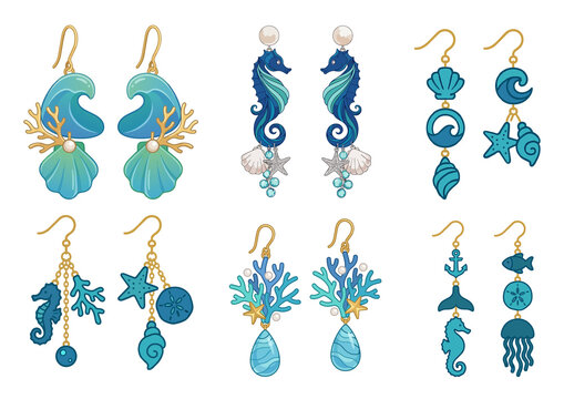 Ocean themed jewellery collection. Summer- vacation accessory. Isolated on a transparent background