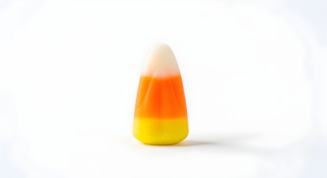 A single piece of candy corn standing upright on its white end, on a white background.