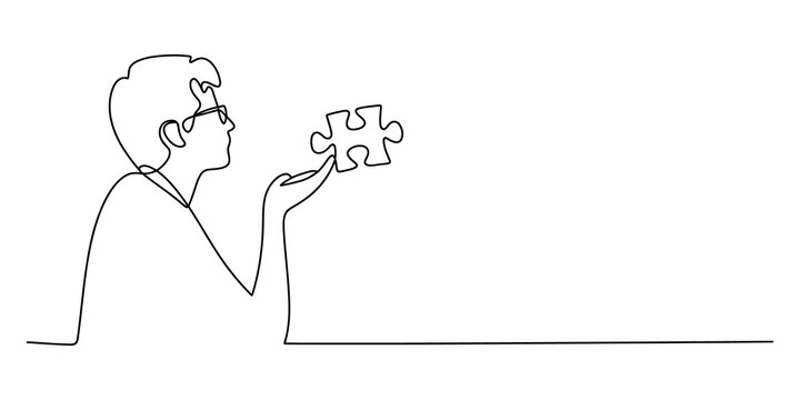 Man holding a puzzle piece in a continuous single line drawing style