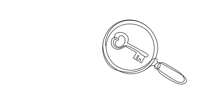 Magnifying glass looking at a vintage key line art icon