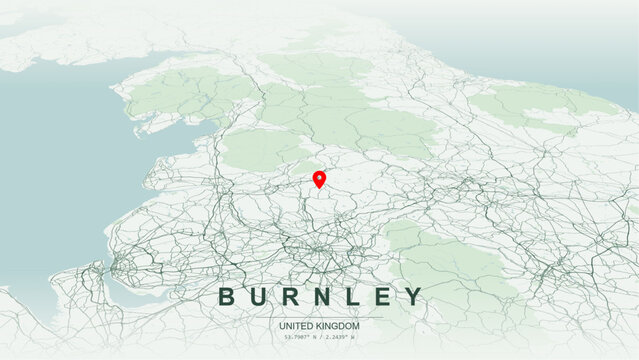 Minimalist vector map of Burnley, Lancashire, England. High-quality scalable illustration of Burnley geographic boundaries along River Calder, Leeds and Liverpool Canal contours for posters design.