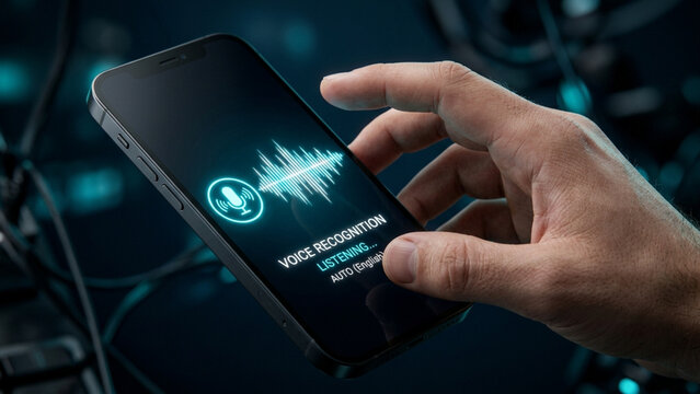 Hand holding a mobile phone with a voice recognition sound wave visualizer on screen.