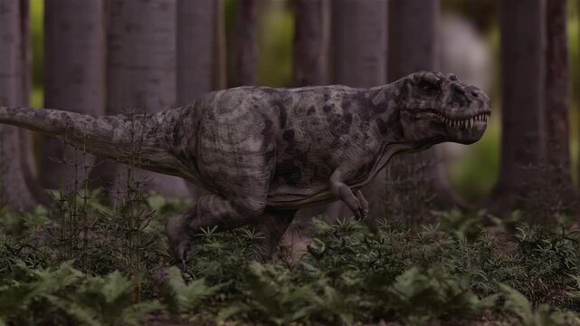 3d animation of Tyrannosaurus Rex stalking through ancient prehistoric forest among tree trunks and wild ferns. Giant carnivore dinosaur hunting in cretaceous background.