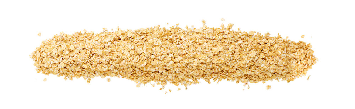 Dry raw oat flakes isolated, rolled flat grains, instant porridge, thin cereals, flattened grains group