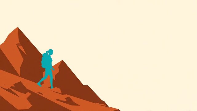 Female Hiker Walking On Rocky Mountain Trail Flat Vector Adventure Travel Outdoor Trekking Concept Motion Graphic Art