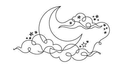 Obraz premium Crescent Moon and Clouds One Line Drawing Vector Illustration