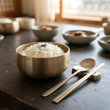 전통 유기 놋그릇에 담긴 하얀 쌀밥과 젓가락, 그리고 정갈하게 차려진 한국식 밥상 풍경
Neat Korean dining table setting featuring white rice in a brass bowl and chopsticks
