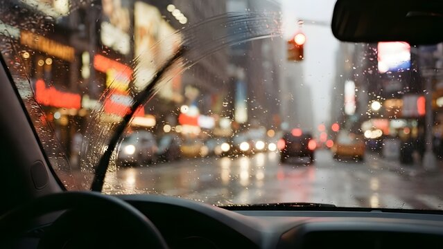 촉촉하게 빗방울이 맺힌 자동차 창문 너머로 흐릿하게 반짝이는 도심의 밤거리 풍경
Blurry city night street scenery shining through a car window covered with raindrops