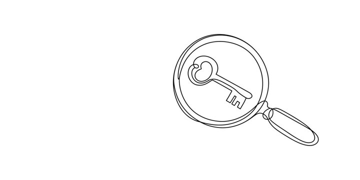 Magnifying glass looking at a vintage key line art icon