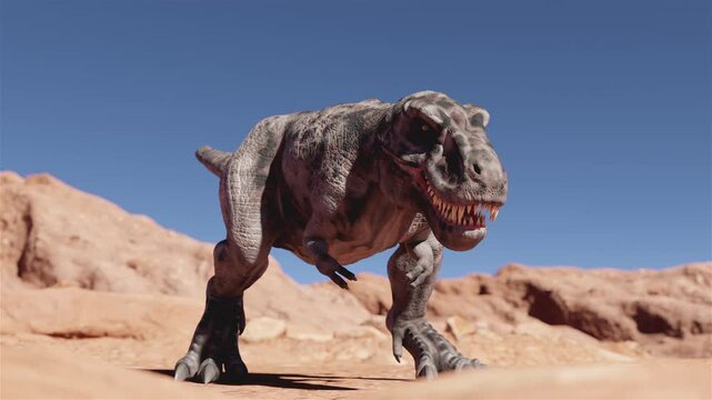 3d animation of  Tyrannosaurus Rex roaring with open mouth in prehistoric desert environment.