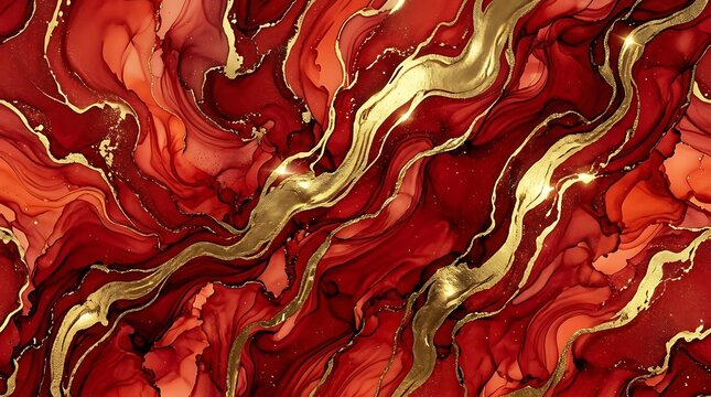 Premium seamless ruby red and burgundy alcohol ink background with thick golden glitter veins and luxury fluid art marble texture