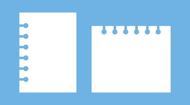 Blank white ring binder paper sheets vector illustration. These flat empty notepad pages feature punched holes on blue. Use this stationery design for education or office themes.