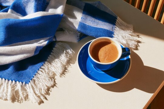 Blue and white team scarf draped over a table next to a blue coffee cup with saucer, showcasing a matchday theme in a cozy indoor setting