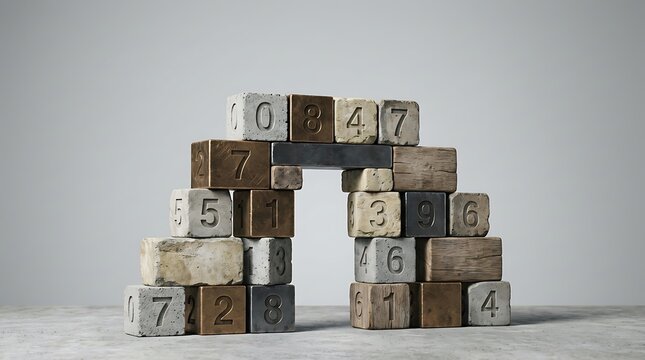 Archway structure made of small wooden and concrete number blocks with three dimensional, structure