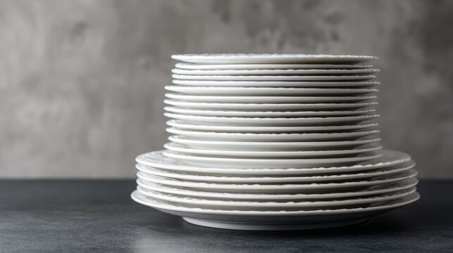 Stacked White Plates on Dark Surface with Gray Background Texture