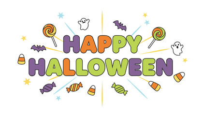 Fototapeta premium Festive Happy Halloween text design is surrounded by cute cartoon bats, candy corns, lollipops, and ghosts.