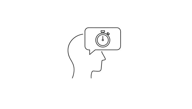 Minimalist outline of a human head profile with a speech bubble containing a stopwatch icon representing time management.