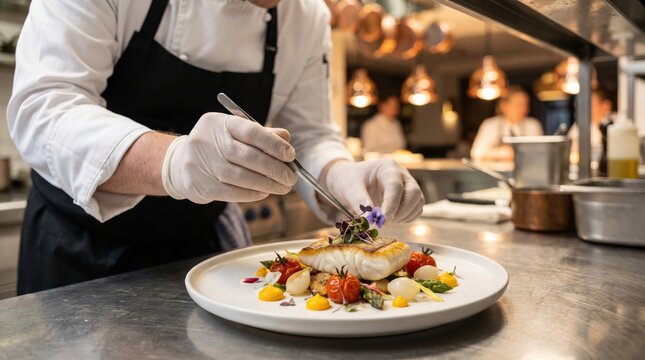 Chef garnishing a plate of fish with vegetables in a restaurant kitchen