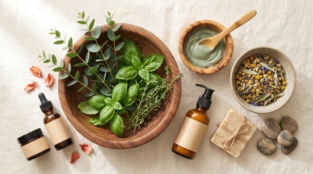 Organic skincare products featuring fresh green herbs in wooden bowls with natural clay masks and smooth stones on white linen