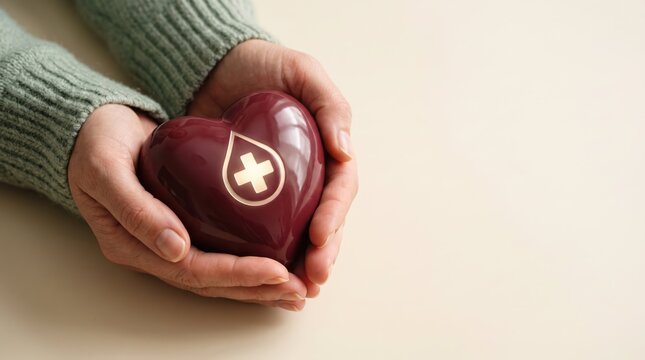Person wearing soft green sweater holds deep burgundy heart with glowing medical blood drop symbol for healthcare donation awareness campaign