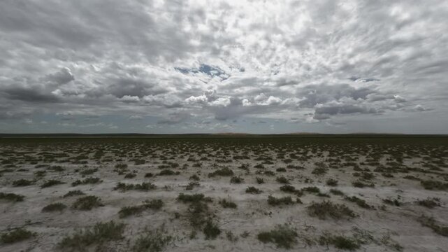 Scenic view from SUV driving through vast grassland under cloudy sky