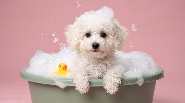 Fluffy white Bichon Frise puppy taking a relaxing bubble bath in green tub with yellow rubber duck against pink background