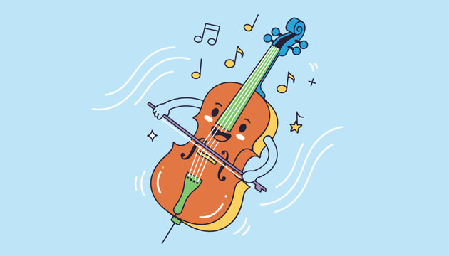 Happy cartoon cello character playing itself with a bow amidst floating music notes on a cheerful light blue background.