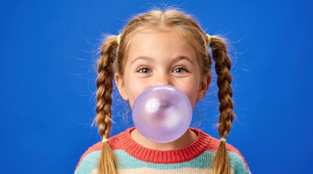 cute girl blowing big pink bubble gum