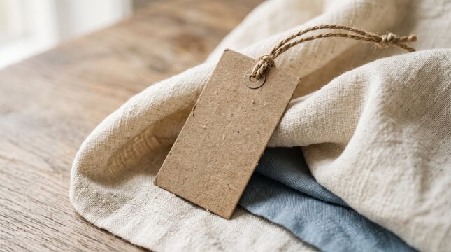 Blank brown paper price tag attached with rustic twine resting on soft linen fabric surfaces atop a wooden table background
