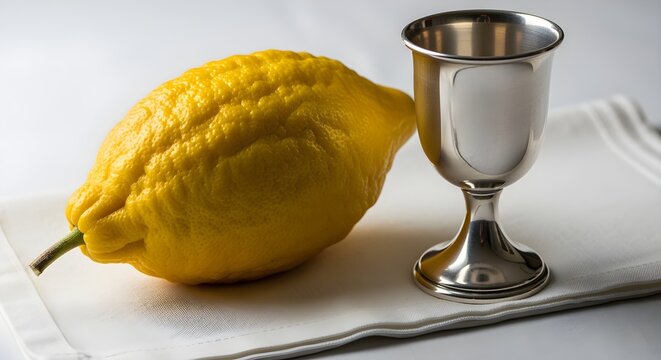 Etrog (citron) and a simple kiddush cup, on a white cloth.