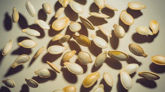 Raw pumpkin seeds floating midair creating dynamic shadows against a plain light beige studio backdrop surface