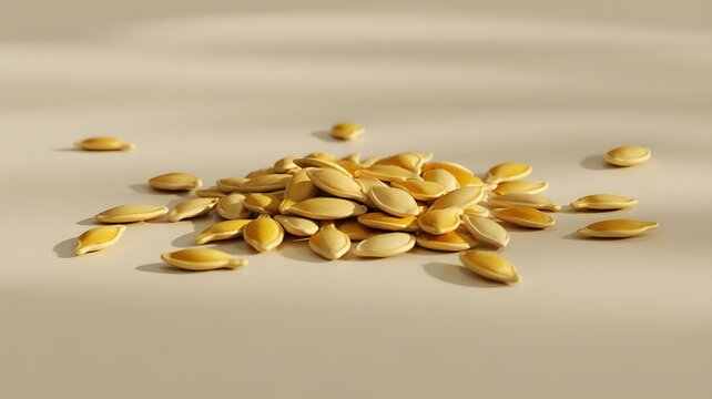 Raw pumpkin seeds scattered on a clean beige surface under warm soft morning directional sunlight