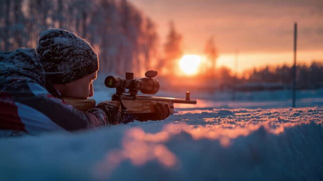 A bioathlete in winter gear lies in a snowdrift and concentrates on aiming through a telescopic sight at a bright sunset. The concept of winter sports, biathlon, sport shooting, hunting
