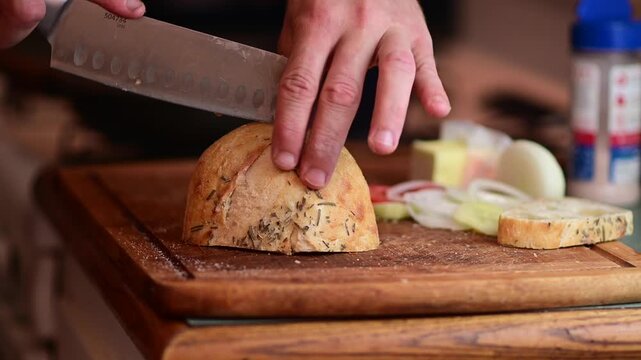 Sandwich making food slicing, authentic man prepping morning sandwich, healthy eating, bokeh food background b roll video