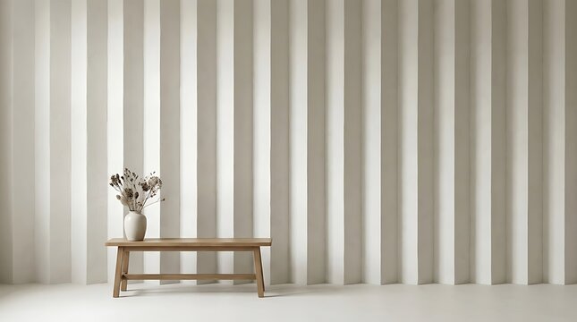 Minimalist interior design featuring ribbed white wall paneling and wooden bench