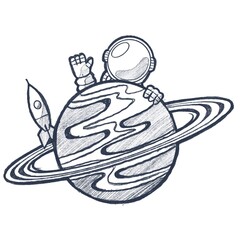 Hand-drawn cartoon illustration of a cute astronaut waving from behind a large ringed planet with a small rocket, presented in a playful black and white sketch style. © Reiza