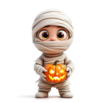 Standing cute cartoon mummy wrapped in bandages holding a glowing jack olantern pumpkin