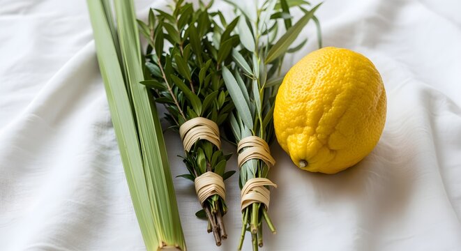 Species (Lulav and Etrog) arranged together on a white cloth.
