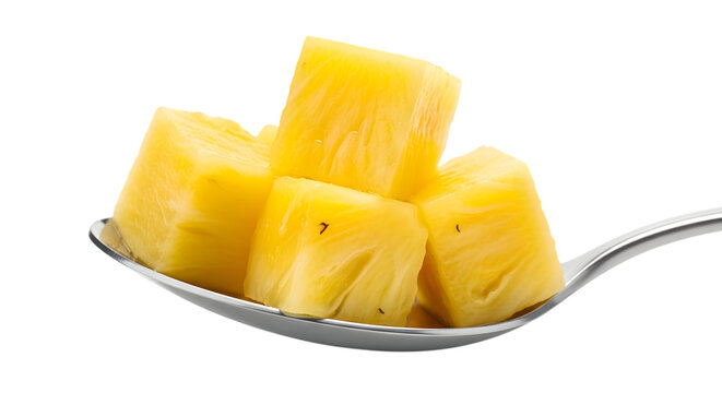 A vibrant close up of juicy pineapple chunks served on a spoon isolated on transparent background