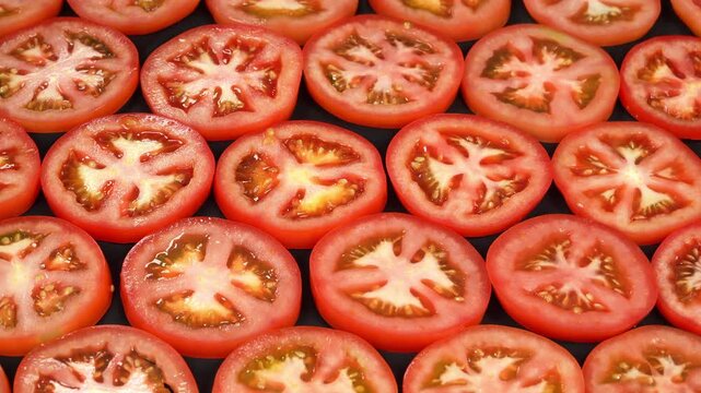 Pattern of ripe red tomato slices cross section with seeds and juice.
