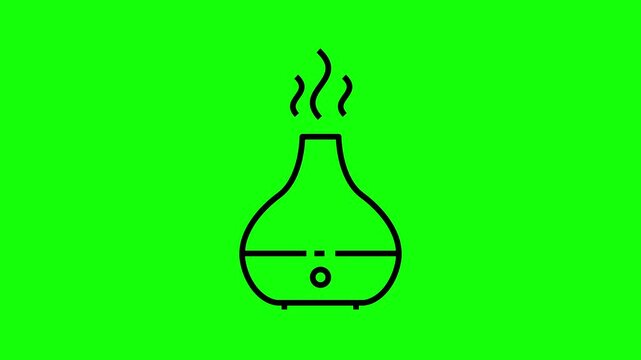 Animated line art icon of an essential oil diffuser releasing steam, isolated on a bright green screen background