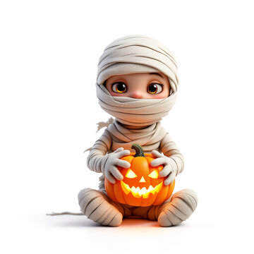 Cute little cartoon mummy wrapped in bandages sitting and holding a glowing jack olantern pumpkin