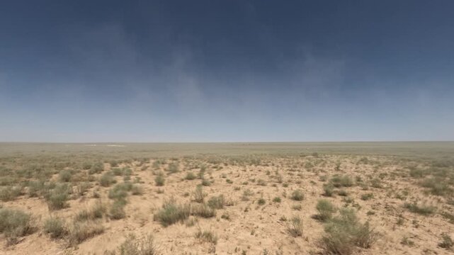 Expansive desert landscape with sparse vegetation under a clear blue sky