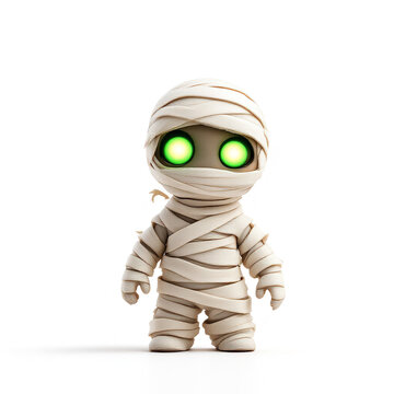 Cute cartoon mummy character wrapped in bandages with glowing green eyes isolated on white background