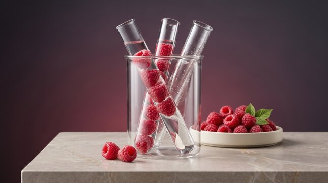 Fresh raspberries in test tubes on a marble countertop with a bowl of raspberries